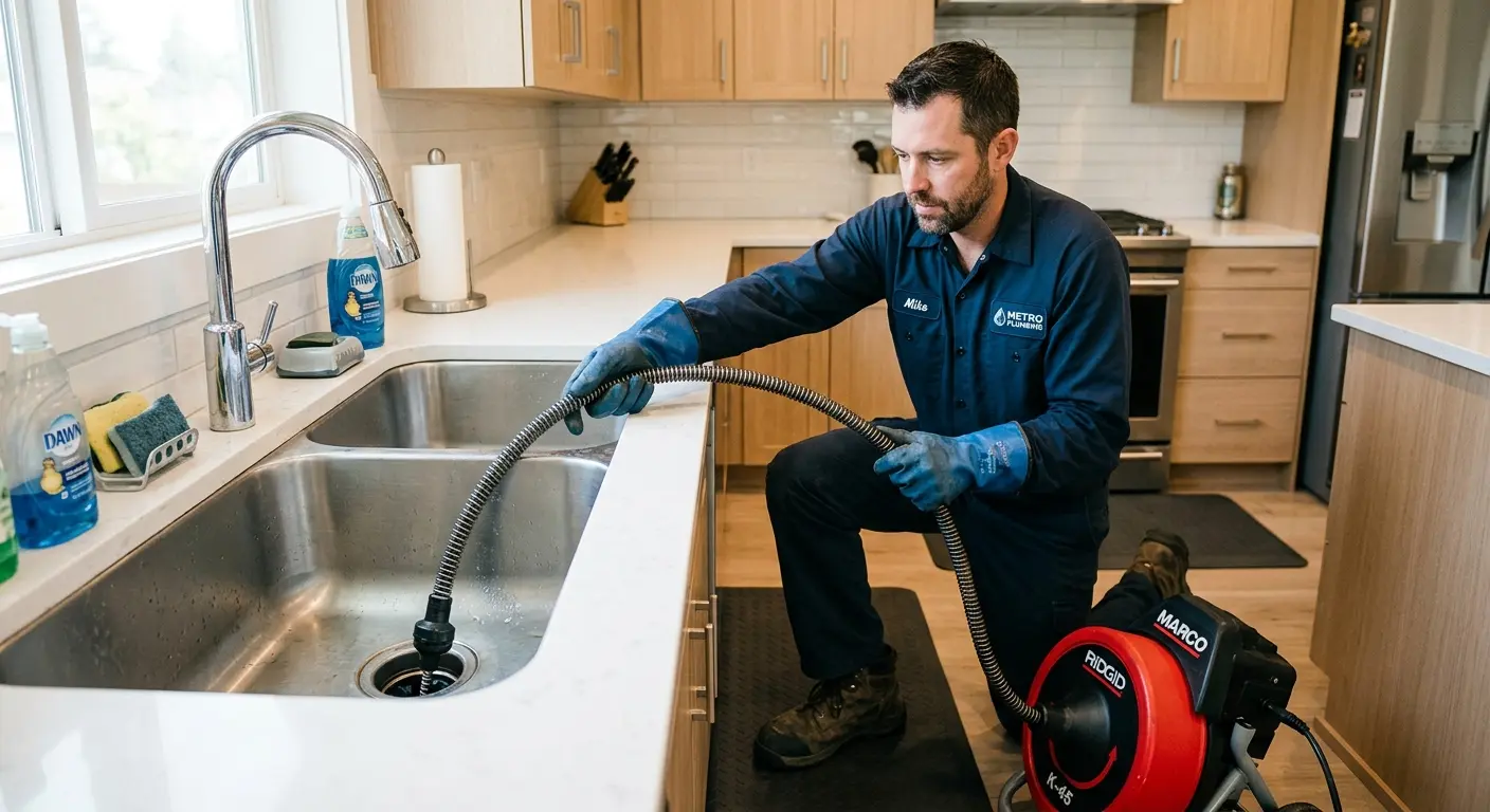Drain cleaning technician using a motorized snake on a kitchen sink in West Manchester