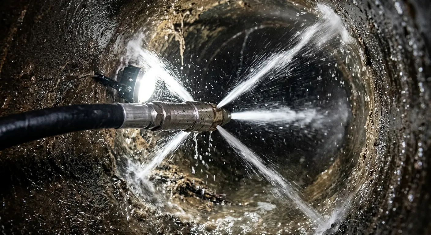 High-pressure hydro jetting nozzle cleaning sewer pipe for Trenchless Sewer Repair in West Manchester