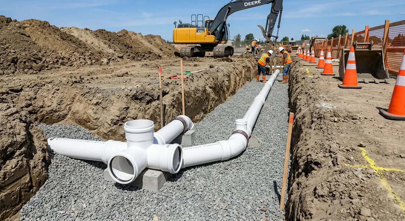 New PVC sewer pipe installation in open trench for Commercial Drain Cleaning in West Manchester