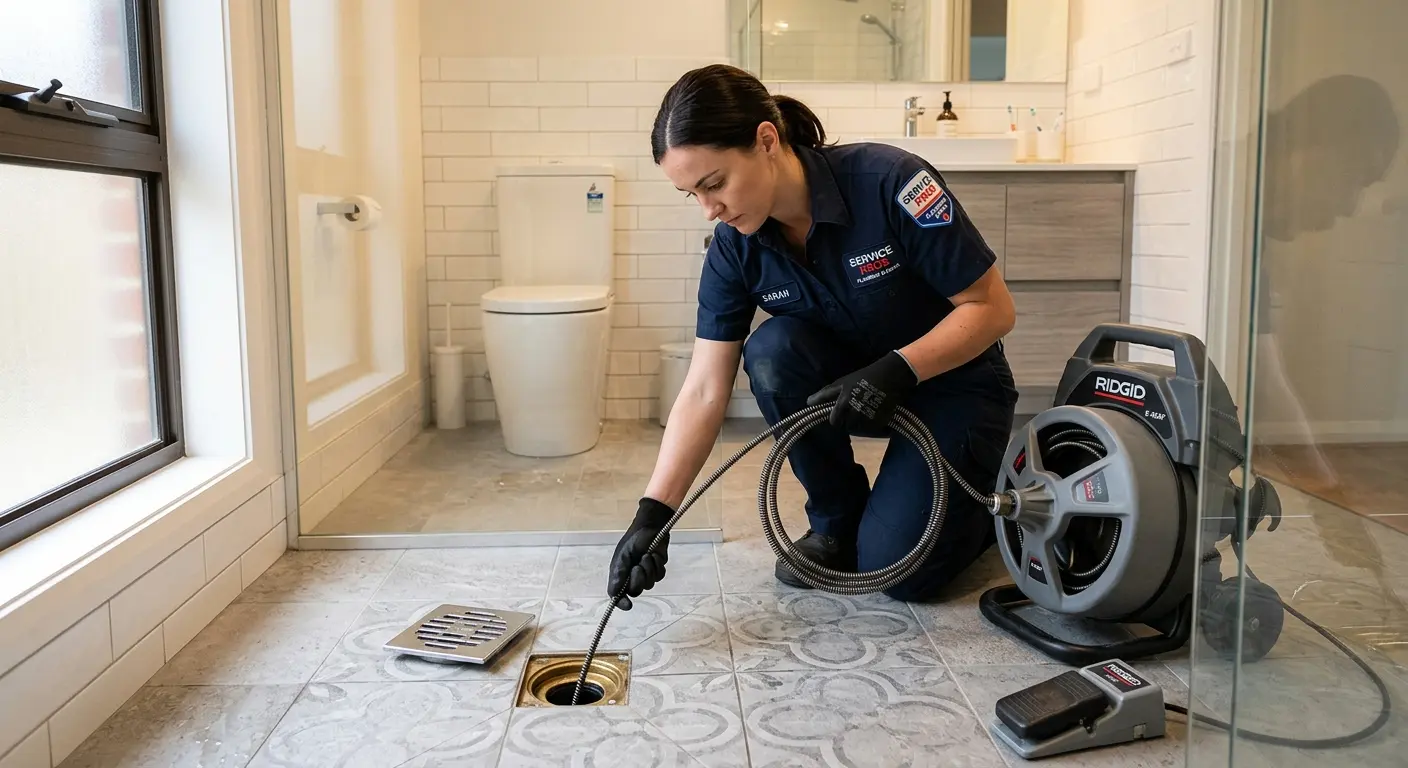 Technician clearing a bathroom floor drain for Clogged Drain Repair in West Manchester